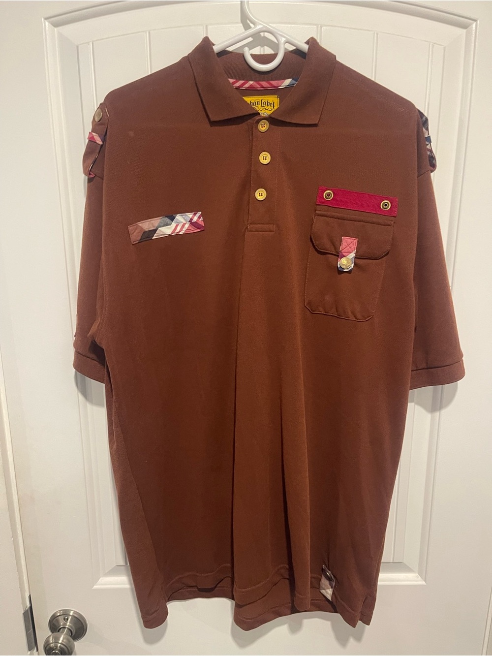 Urban Label Brown Utility Polo Shirt Plaid Trim Short Sleeve Men’s 2XL